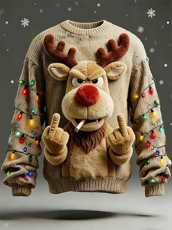 Men'S 3D Fun Reindeer For Christmas Art Print Casual Flannel Knit Sweatshirt
