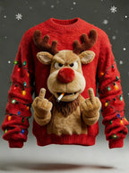 Men'S 3D Fun Reindeer For Christmas Art Print Casual Flannel Knit Sweatshirt