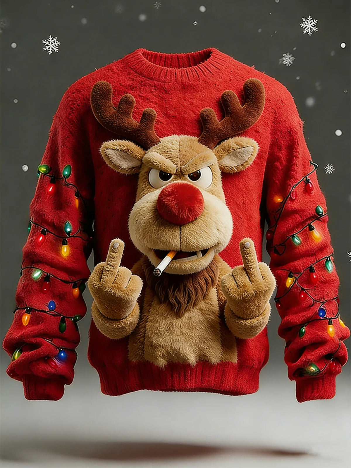 Men'S 3D Fun Reindeer For Christmas Art Print Casual Flannel Knit Sweatshirt