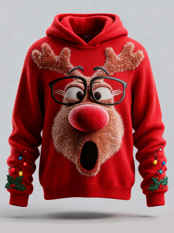 Women's Funny Deer Christmas Lights Holly Print Knit Hoodie