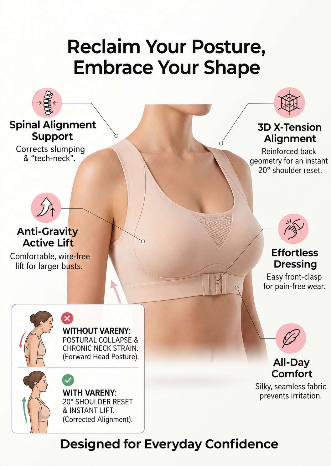 Cross Back Front Closure Wireless Posture Support Bra