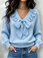 Chic Chiffon Ruffled Bow-tie Knit Top