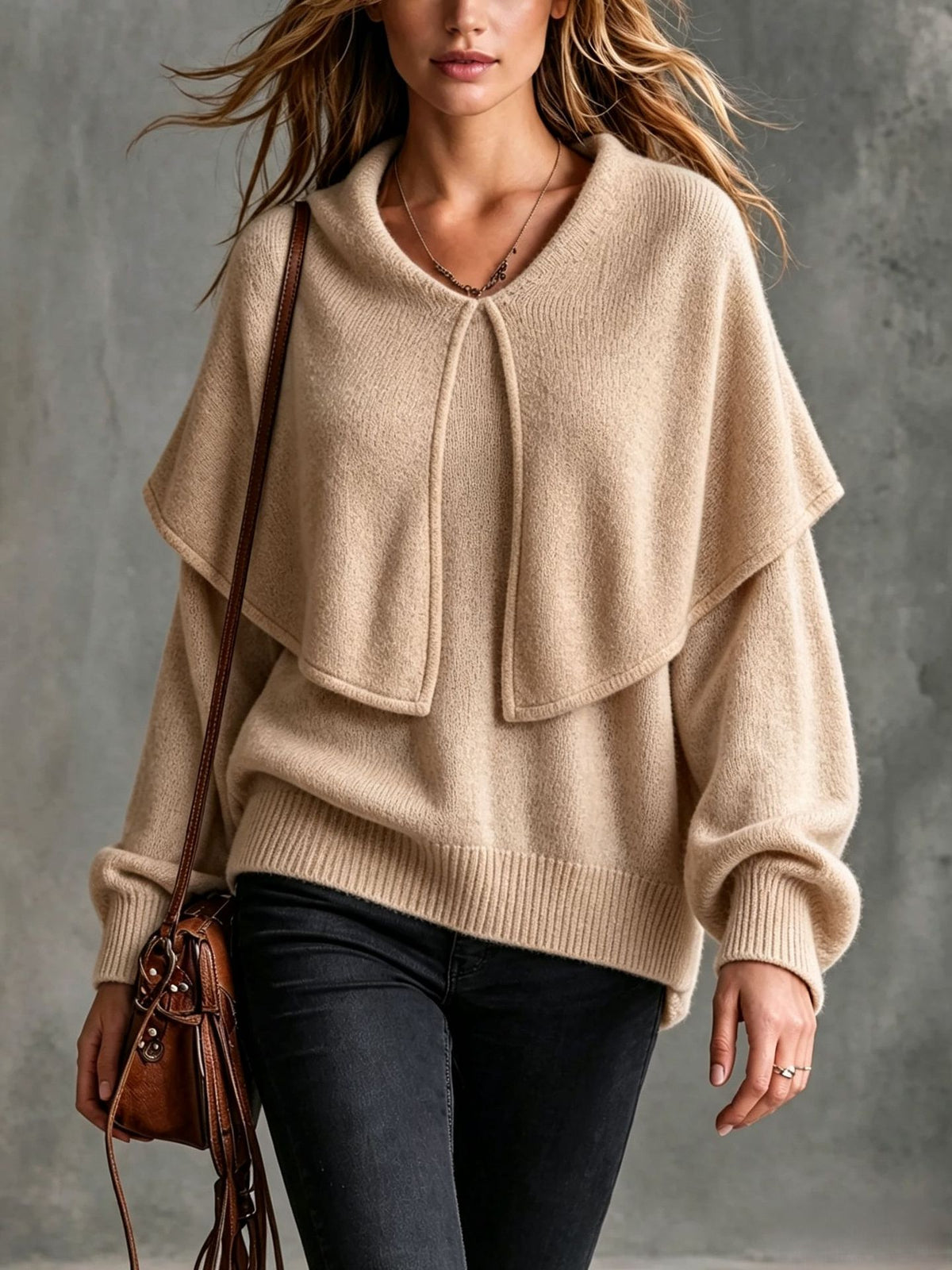 Elegant Layered Shawl Collar Knit Pullover