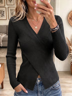 Women's Crossover V-Neck Ribbed Knit Sweater - Asymmetrical Wrap Long Sleeve Fitted Top