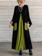 Elegant Artistic Cut Color-block Velvet Dress
