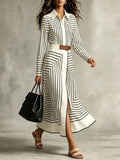 Chic Geometric-striped Button-down Midi Shirt Dress With A Tie-waist