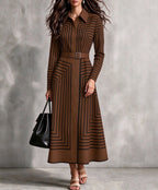 Chic Geometric-striped Button-down Midi Shirt Dress With A Tie-waist
