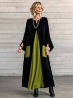 Elegant Artistic Cut Color-block Velvet Dress