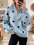 Retro Love Pattern Zip Stand Collar Art Casual Stylish Long Sleeve Sweater