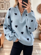 Retro Love Pattern Zip Stand Collar Art Casual Stylish Long Sleeve Sweater