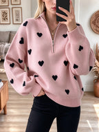 Retro Love Pattern Zip Stand Collar Art Casual Stylish Long Sleeve Sweater