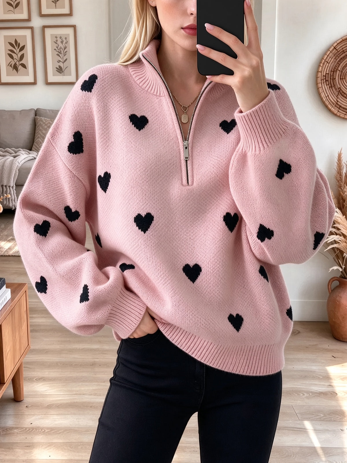 Retro Love Pattern Zip Stand Collar Art Casual Stylish Long Sleeve Sweater