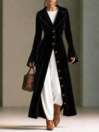 Burgundy Velvet Longline Button-front Duster Coat
