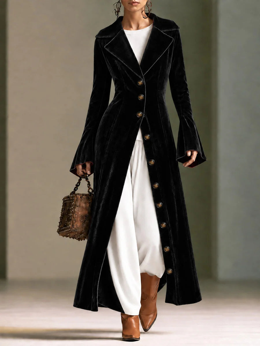 Burgundy Velvet Longline Button-front Duster Coat