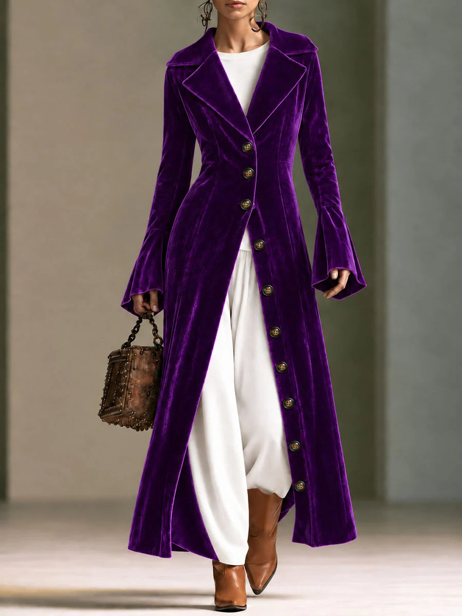 Burgundy Velvet Longline Button-front Duster Coat