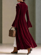 Burgundy Velvet Longline Button-front Duster Coat