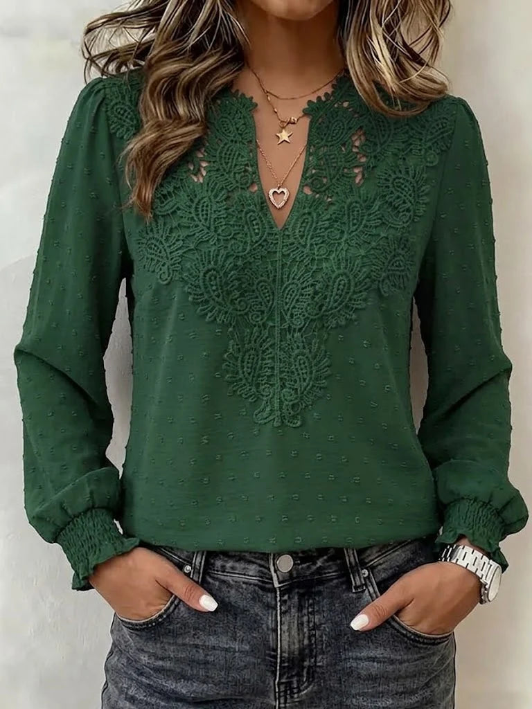 V-neck Long-sleeve Shirt With Lace Jacquard And Elastic Cuffs