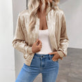 Shiny Metallic Zip‑Up Cropped Bomber Jacket For Party Daily Street Wear