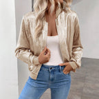 Shiny Metallic Zip‑Up Cropped Bomber Jacket For Party Daily Street Wear