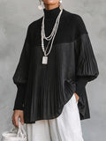 Chic Contrast-Paneled Pleated Mock-Neck Pullover