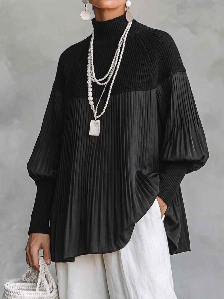 Chic Contrast-Paneled Pleated Mock-Neck Pullover