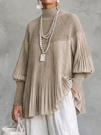 Chic Contrast-Paneled Pleated Mock-Neck Pullover