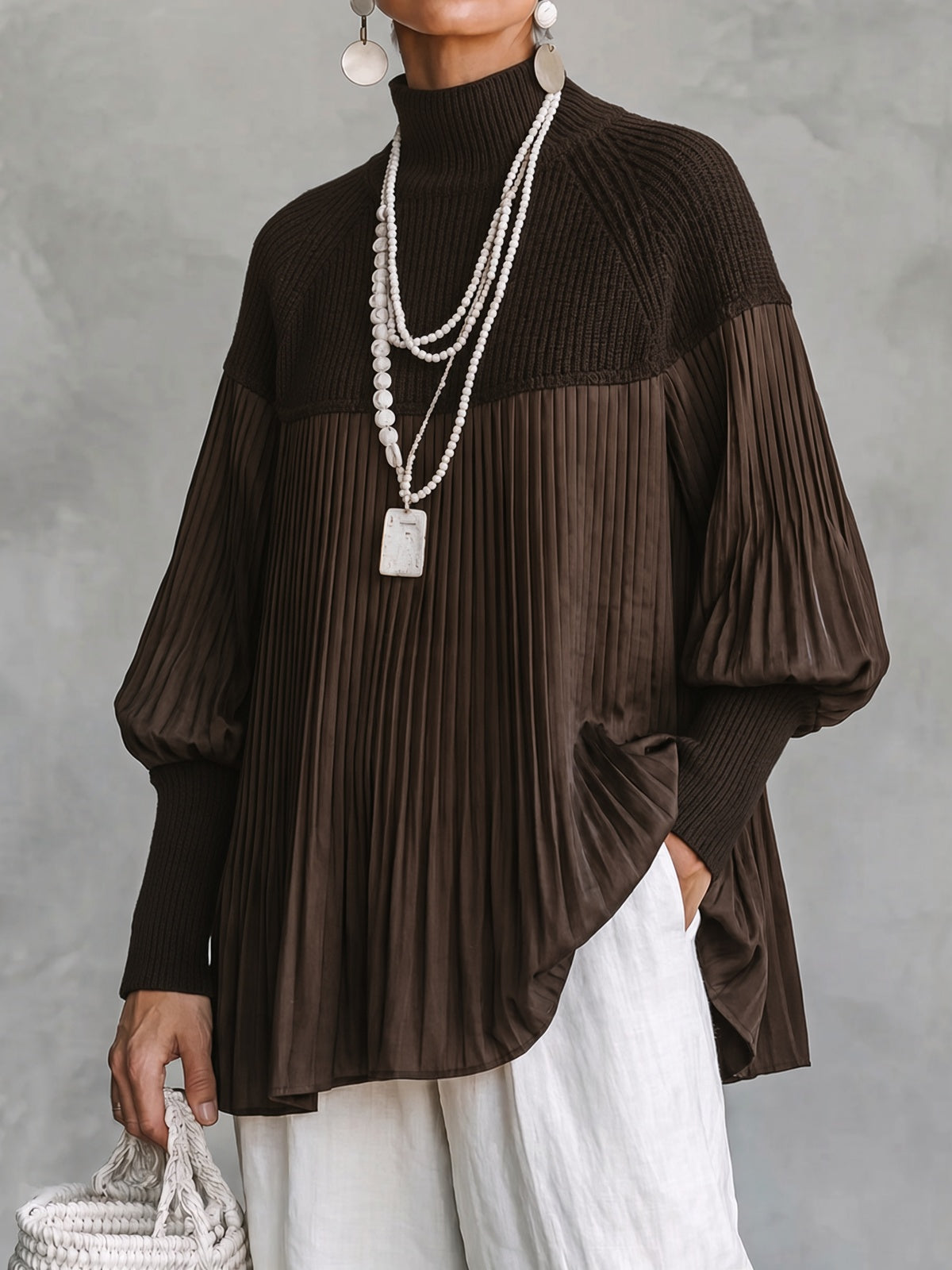 Chic Contrast-Paneled Pleated Mock-Neck Pullover