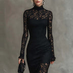 Elegant Black Lace High Neck Long Sleeve Mermaid Maxi Dress