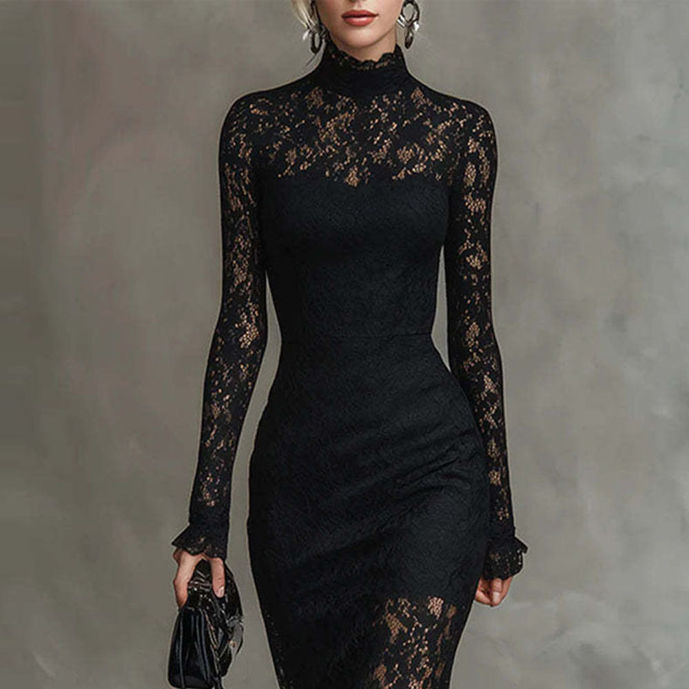 Elegant Black Lace High Neck Long Sleeve Mermaid Maxi Dress