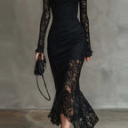 Elegant Black Lace High Neck Long Sleeve Mermaid Maxi Dress