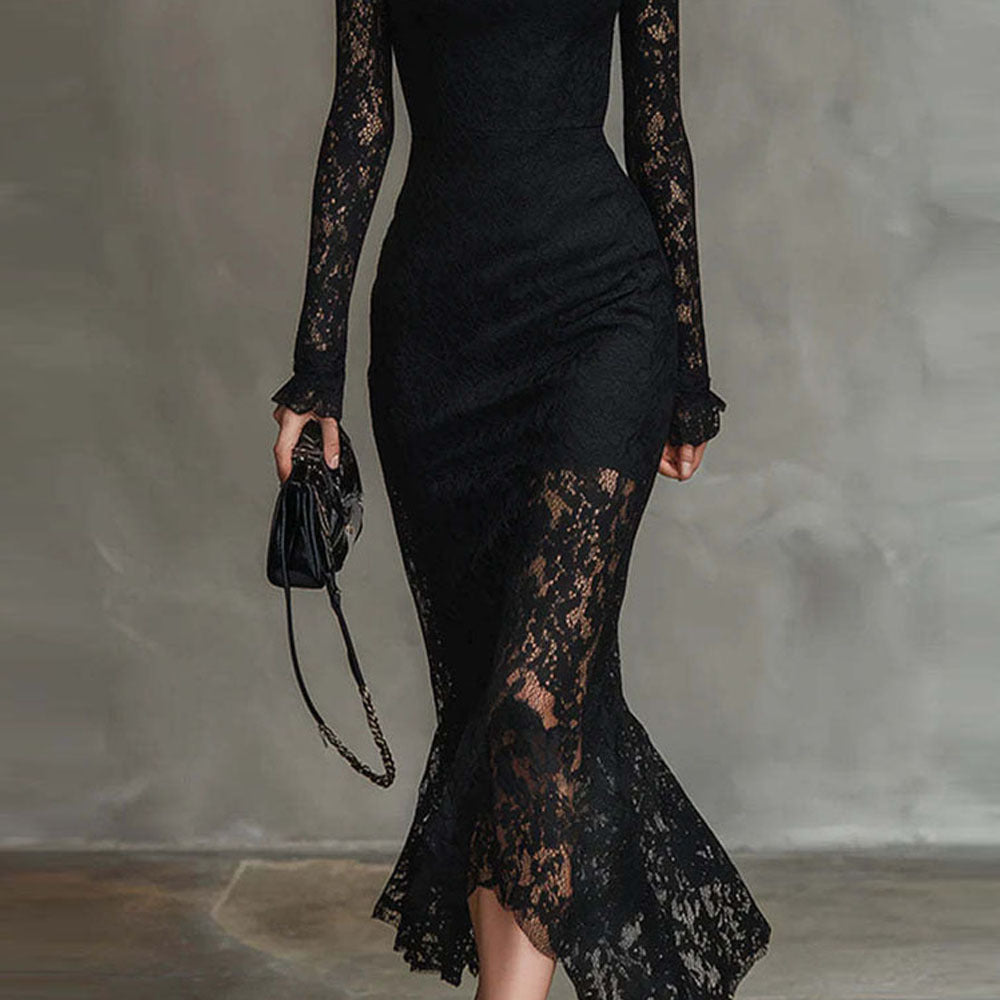 Elegant Black Lace High Neck Long Sleeve Mermaid Maxi Dress