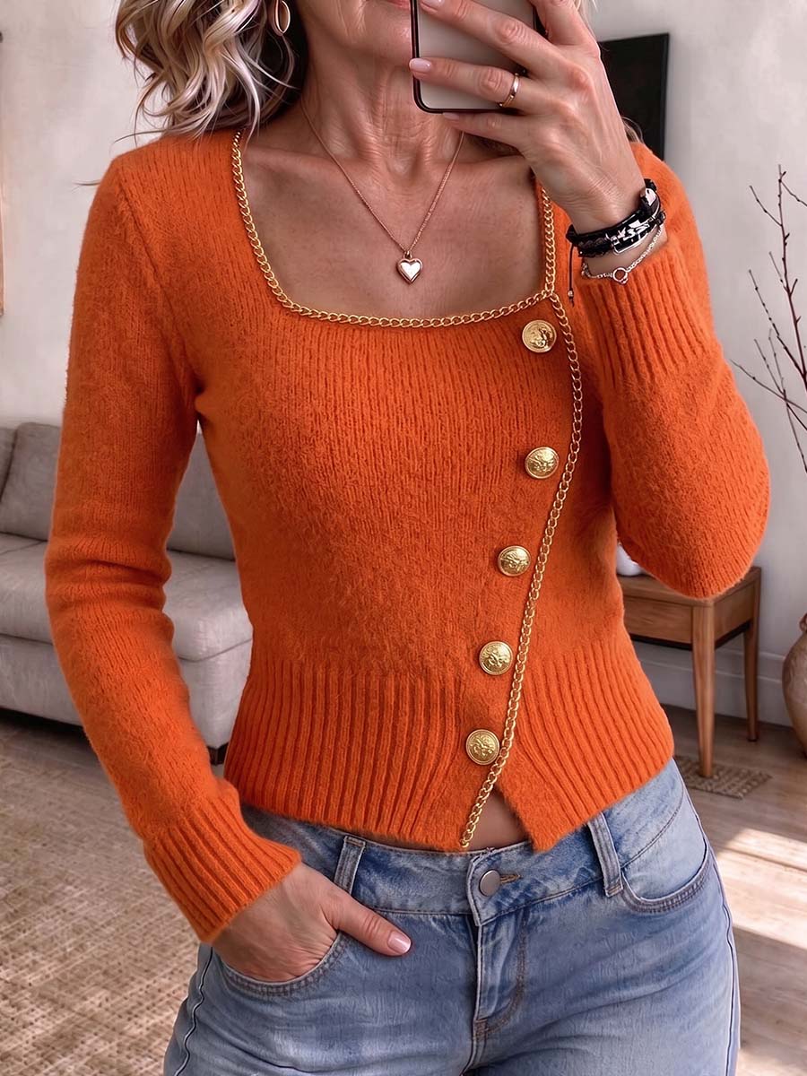 Women's Orange Knit Square Neck Asymmetrical Button Sweater