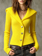 V Collar Lapel Ribbed Knit Slim Long Sleeve Cardigan Sweater
