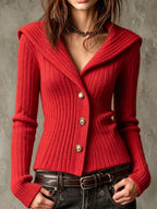 V Collar Lapel Ribbed Knit Slim Long Sleeve Cardigan Sweater
