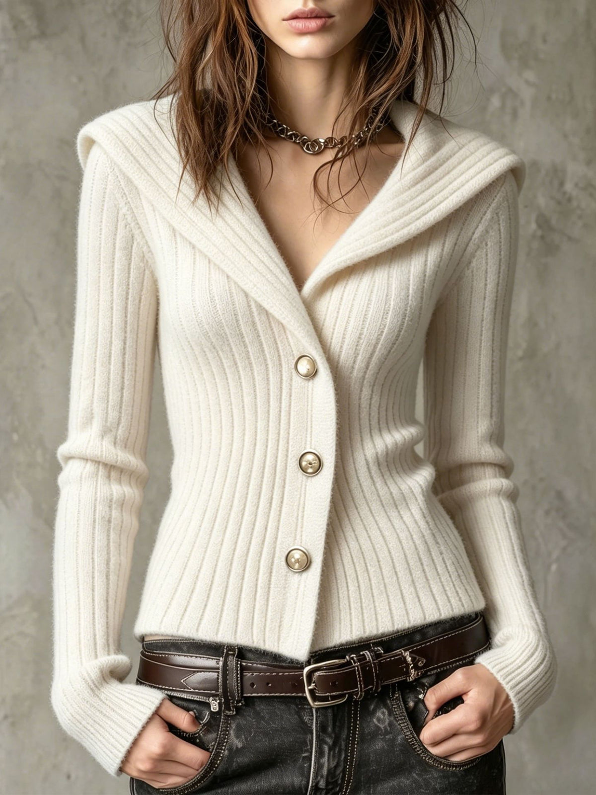 V Collar Lapel Ribbed Knit Slim Long Sleeve Cardigan Sweater