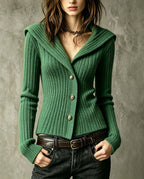 V Collar Lapel Ribbed Knit Slim Long Sleeve Cardigan Sweater