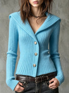 V Collar Lapel Ribbed Knit Slim Long Sleeve Cardigan Sweater