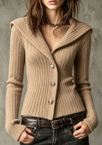 V Collar Lapel Ribbed Knit Slim Long Sleeve Cardigan Sweater