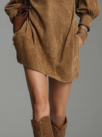 Vintage Suede Stand Collar Zip Puff Long Sleeve Mini Dress