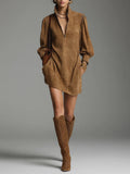 Vintage Suede Stand Collar Zip Puff Long Sleeve Mini Dress