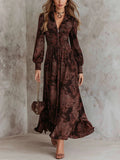 Vintage Paisley Print Collared Zip Front Long Sleeve Maxi Dress