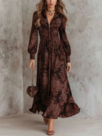 Vintage Paisley Print Collared Zip Front Long Sleeve Maxi Dress