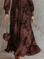 Vintage Paisley Print Collared Zip Front Long Sleeve Maxi Dress