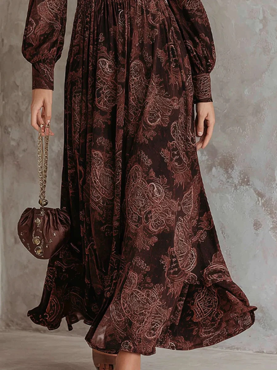 Vintage Paisley Print Collared Zip Front Long Sleeve Maxi Dress
