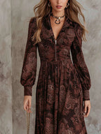 Vintage Paisley Print Collared Zip Front Long Sleeve Maxi Dress