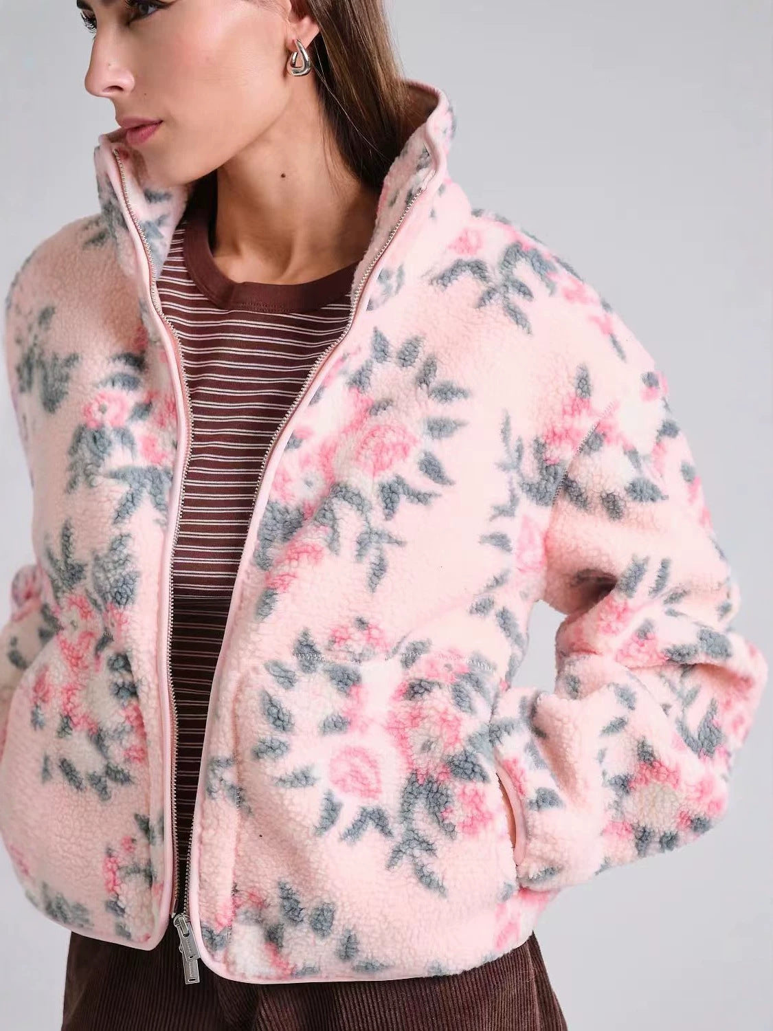 Floral Print Sherpa Fleece Zip-Up Jacket