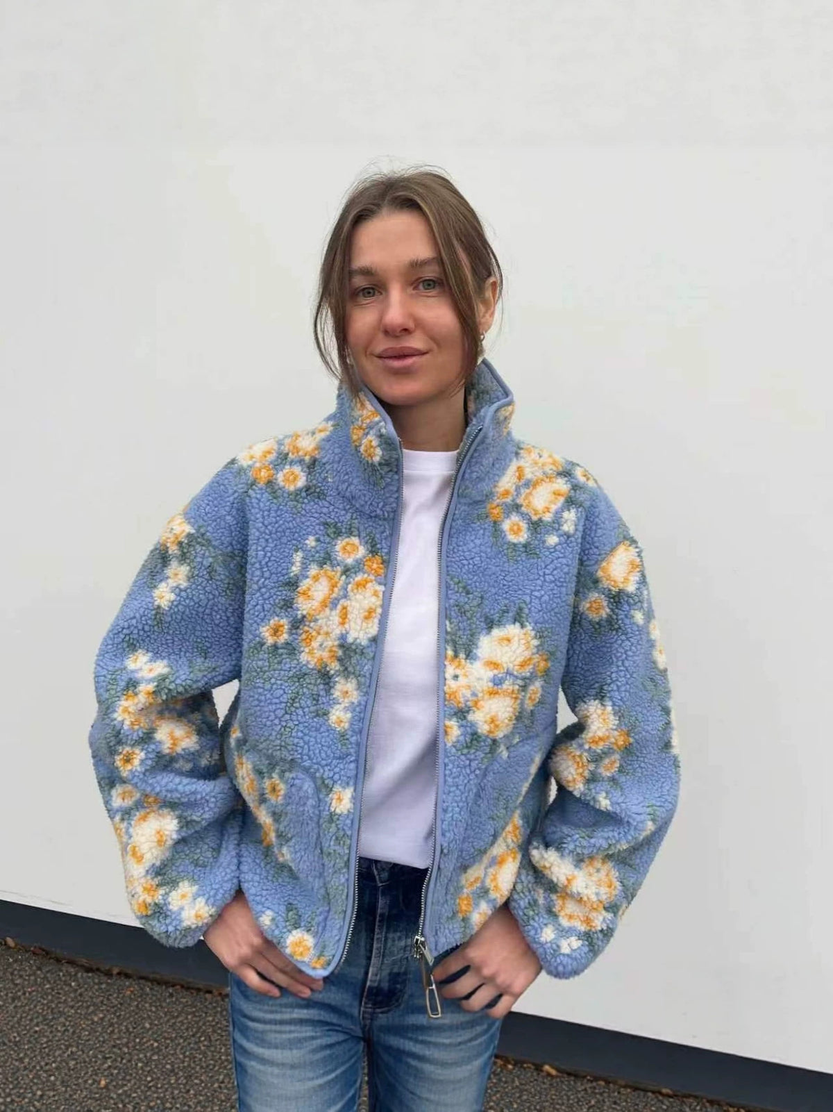 Floral Print Sherpa Fleece Zip-Up Jacket