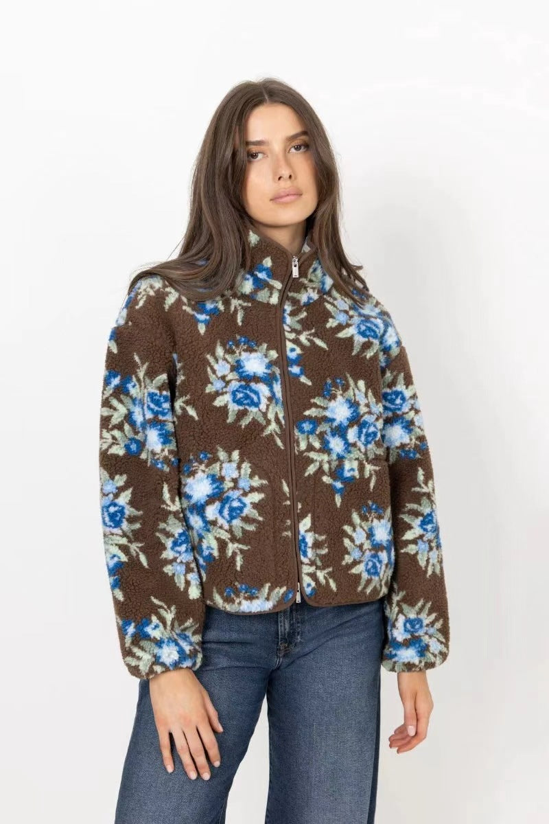 Floral Print Sherpa Fleece Zip-Up Jacket