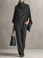 Asymmetric Cowl Neck Poncho Top & Wide-Leg Pants Set