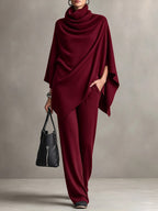 Asymmetric Cowl Neck Poncho Top & Wide-Leg Pants Set
